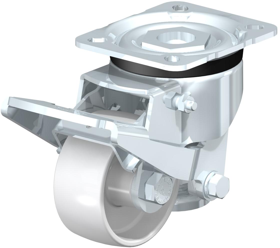 Leveling Casters - Following Swiveling Operating And Release Levers, With Top Plate Fitting, Plain Bore, Impact Resistant White Nylon Wheel