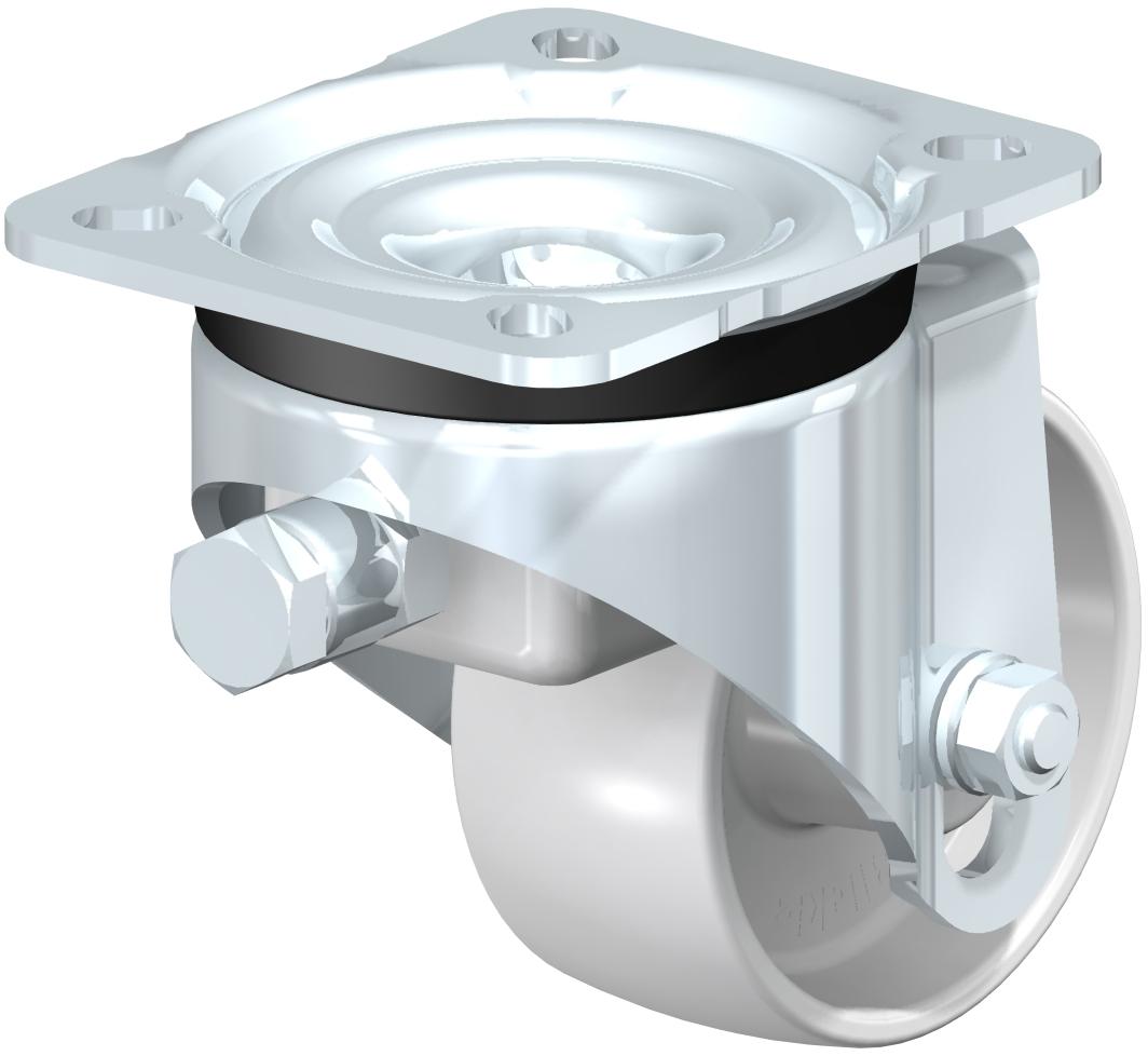 Leveling Casters - Adjustable Screw, With Top Plate Fitting, Plain Bore, Impact Resistant White Nylon Wheel