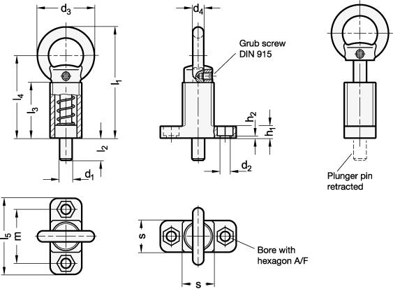 Indexing plungers, flange surface mounting, right-angled the plunger