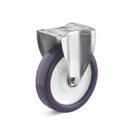 Stainless steel fixed Castors with elastic polyurethane wheel, approx. 80° Shore A B-MV-EPUK-125-K