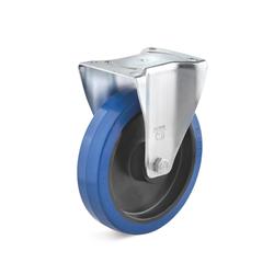 Fixed Castors with blue elastic solid rubber wheel, soft tread approx. 65° A