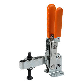 Toggle clamps vertical with safety interlock with flat foot and adjustable clamping spindle (K0059)