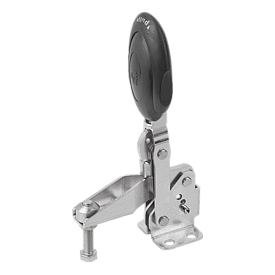 Toggle clamps vertical with safety interlock with flat foot and adjustable clamping spindle, stainless steel (K0662)