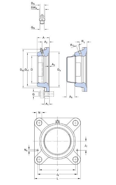 SKF Four-Bolt Square Flange Unit, Gray Cast Iron, Square, Type FY