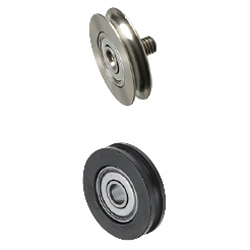 Round belt track rollers / Half-round groove / Ball bearing / Axle pin selectable / material selectable / Coating selectable