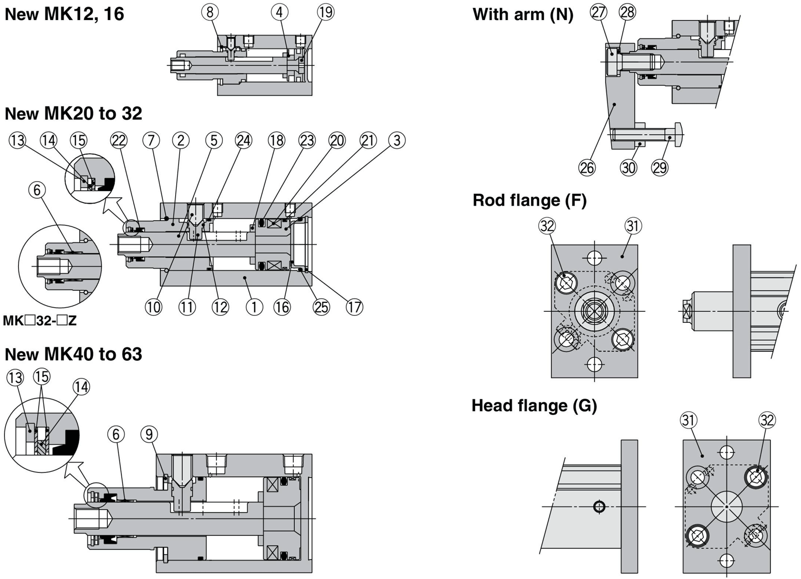 Rotary Clamp Cylinder, Standard Type, MK Series: structural drawings