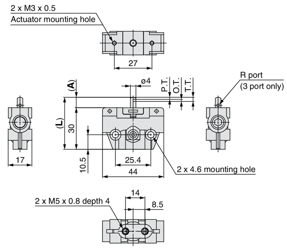 Bottom Ported (VM122-M5-00A/VM132-M5-00A/VM123-M5-00A/VM133-M5-00A) dimensional drawing