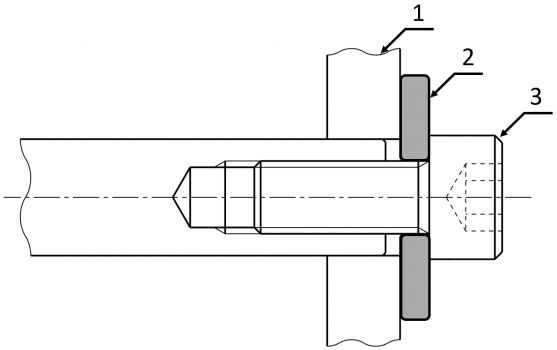 Preload washer in a screw connection: (1) Plate, (2) Metal disc, (3) Screw – Hex socket