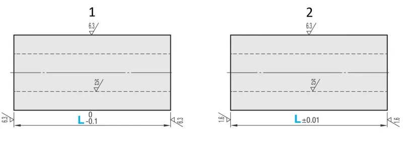 Design options for a sample spacer sleeve: (1) Standard version, (2) Precision version