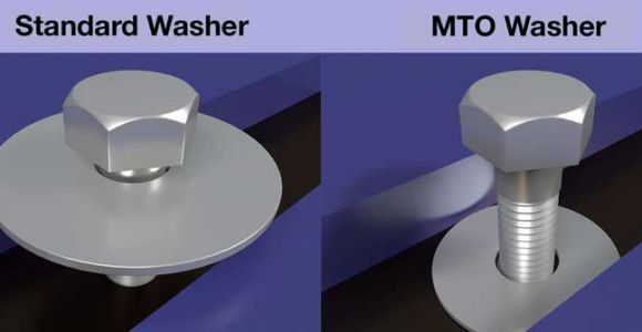 Comparison of a large diameter washer according to DIN with a customised MTO washer at narrow installation points owing to their construction. Illustration: MISUMI.