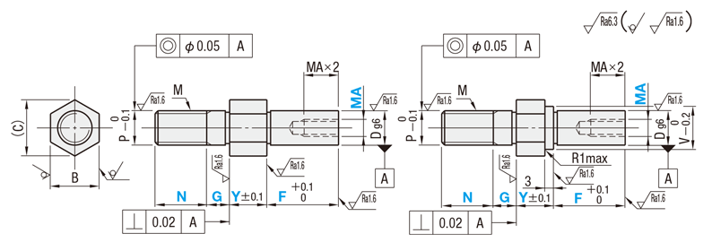 Hex Cantilever Shaft - For Tension Idler, Screw Mount   Dimensional Drawing