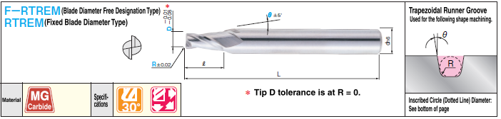 Carbide Runner Groove End Mill for Trapezoidal Runner Groove / Free Blade Diameter Specification Type / Fixed Blade Diameter Type / 2-flute: Related Image