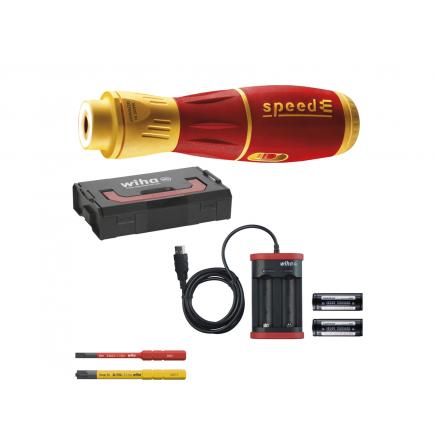 E-screwdriver, speedE® II Electric, 7 Pieces with slimBits, Batteries and USB Charger in L Boxx Mini