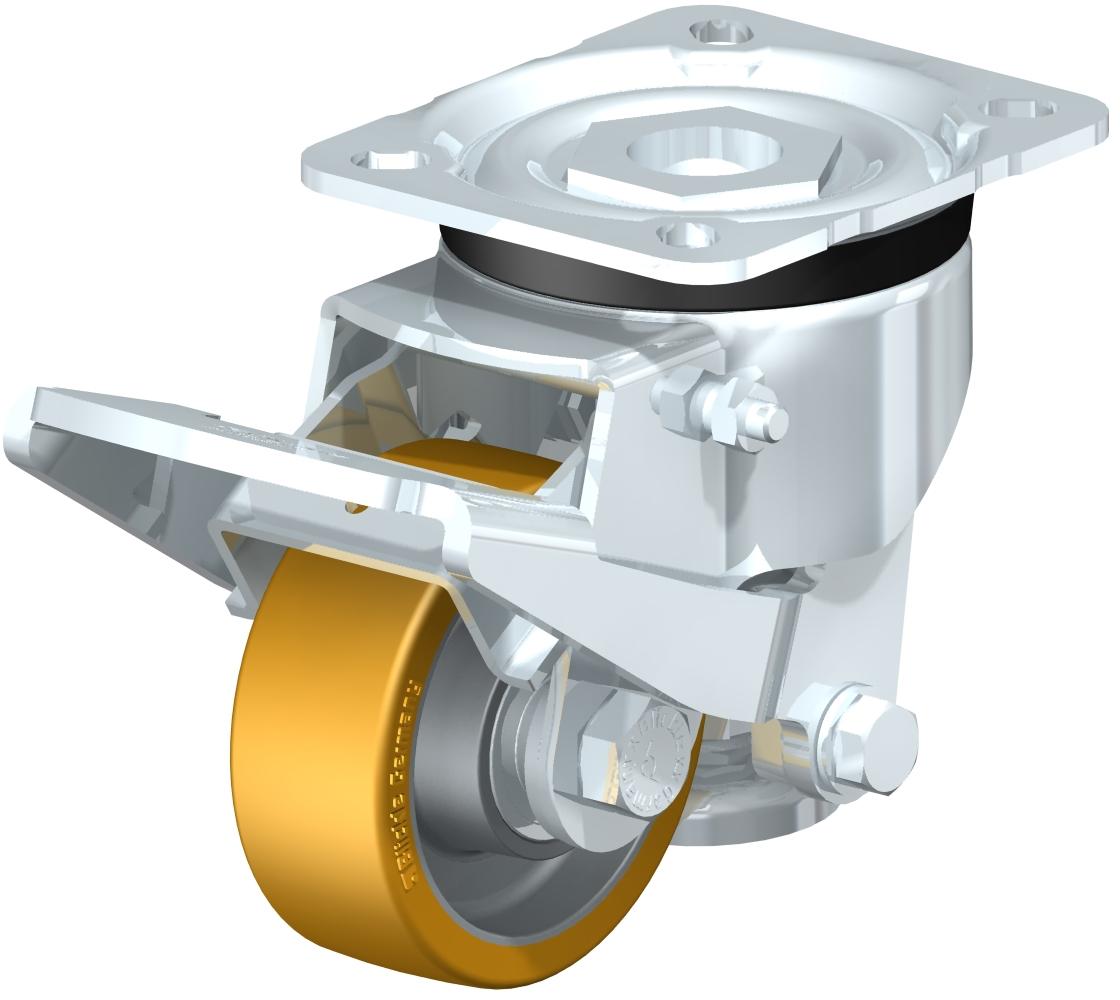 Leveling Casters - Following Swiveling Operating & Release Levers, Top Plate, Ball Bearing, Extrathane Polyurethane Tread, Aluminum Wheel