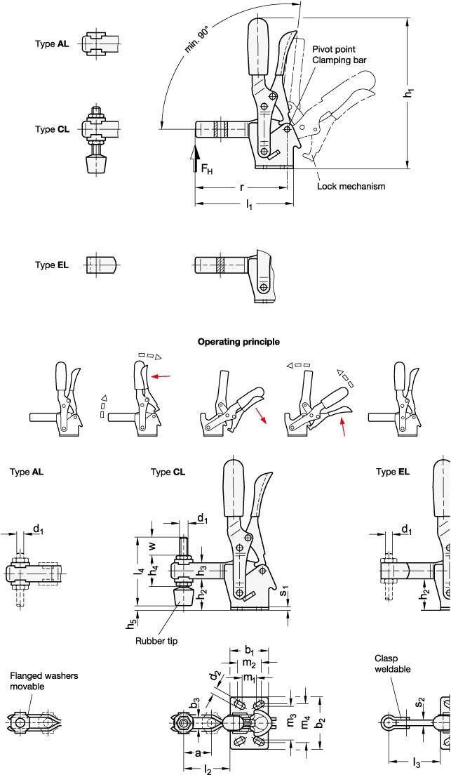 Toggle clamps, operating lever vertical, lock mechanism, horizontal mo