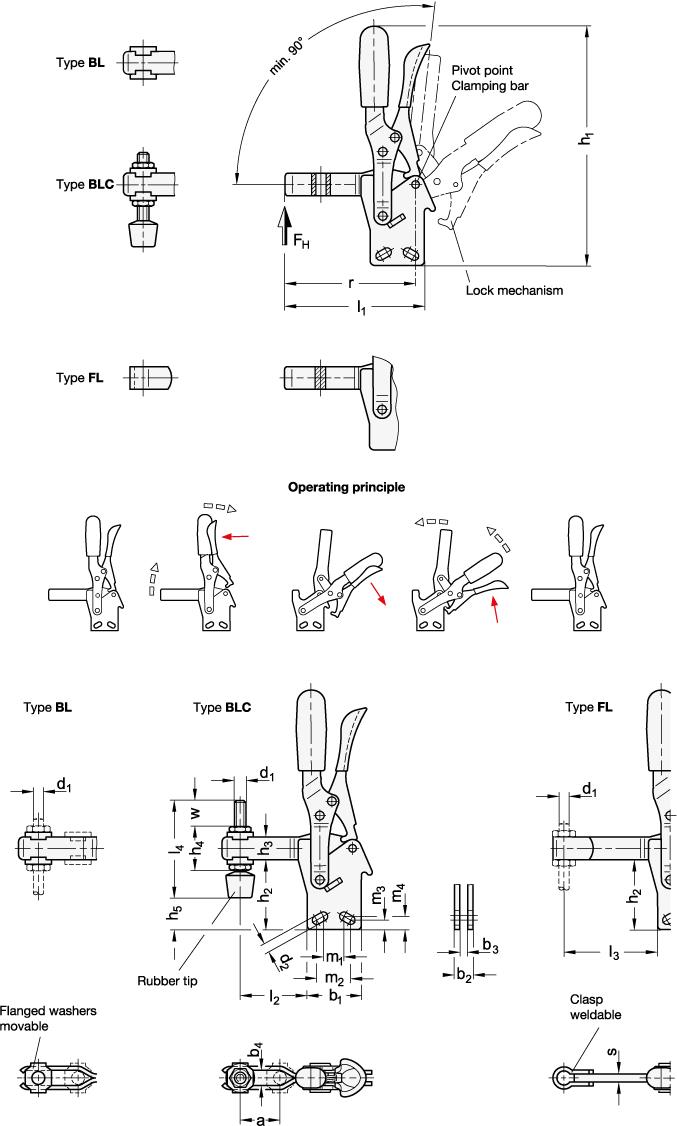 Toggle clamps, operating lever vertical, lock mechanism, vertical moun