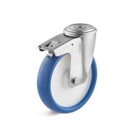 Stainless steel swivel Castors with back hole attachment and double stop, polyurethane wheel
