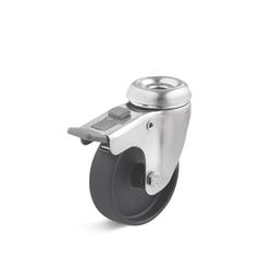 Stainless steel swivel Castors with double stop, rear hole attachment, polyamide wheel L-AV-PAA-075-G-1-DSN