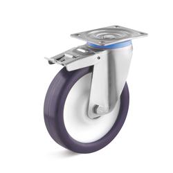 Stainless steel swivel Castors with double stop and elastic polyurethane wheel