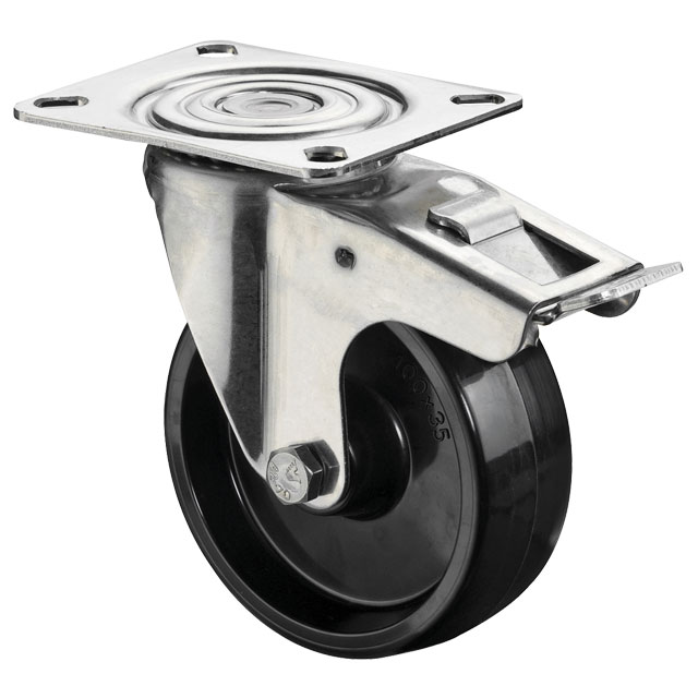 Heat-resistant Stainless Steel Transport Castors with Perforated Plate, Thermoplastic Compound - Swivel Castors with Brakes