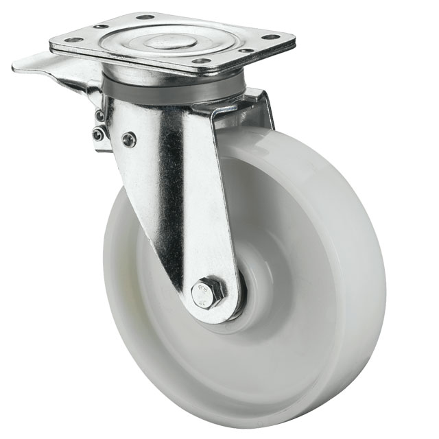 Heavy Duty Transport Castors with Perforated Plate, White Plastic Wheel - Swivel Castors with Brakes