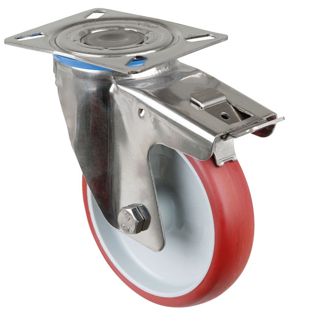 Stainless Steel Transport Castors with Perforated Plate, PU Bandage - Swivel Castors with Brakes