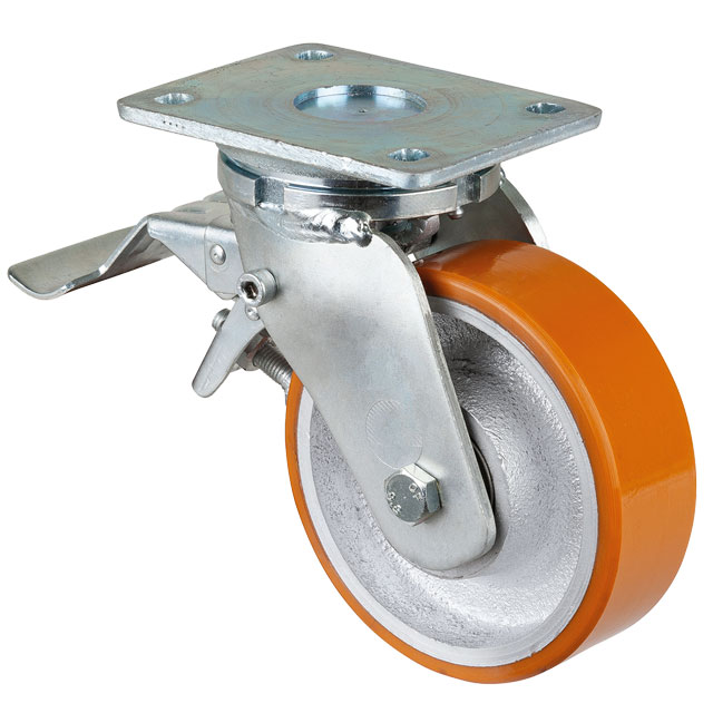 Super Heavy Duty Transport Castors with Perforated Plate, PU Bandage - Swivel Castors with Brakes