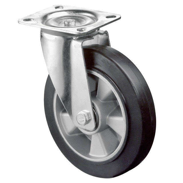 Transport Castors with Plate, Elastic Solid Rubber Wheel Black - Swivel Castors