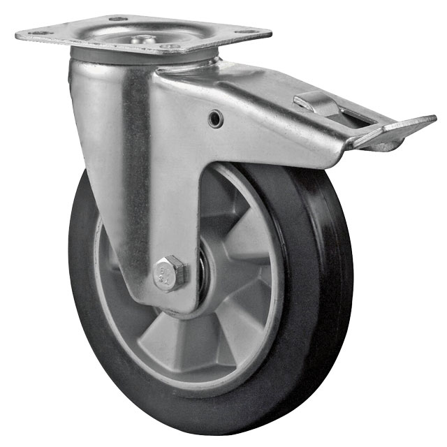 Transport Castors with Plate, Elastic Solid Rubber Wheel Black - Swivel Castors with Brake