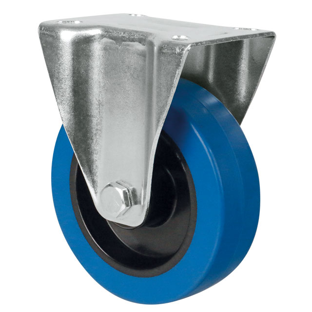 Transport Castors with Plate, Elastic Solid Rubber Wheel Blue - Fixed Castors