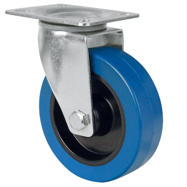 Transport Castors with Plate, Elastic Solid Rubber Wheel Blue - Swivel Castors