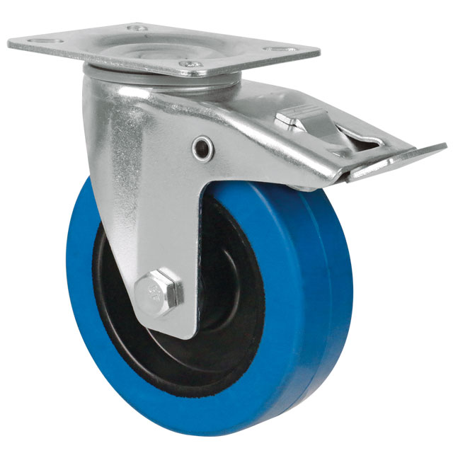 Transport Castors with Plate, Elastic Solid Rubber Wheel Blue - Swivel Castors with Brake