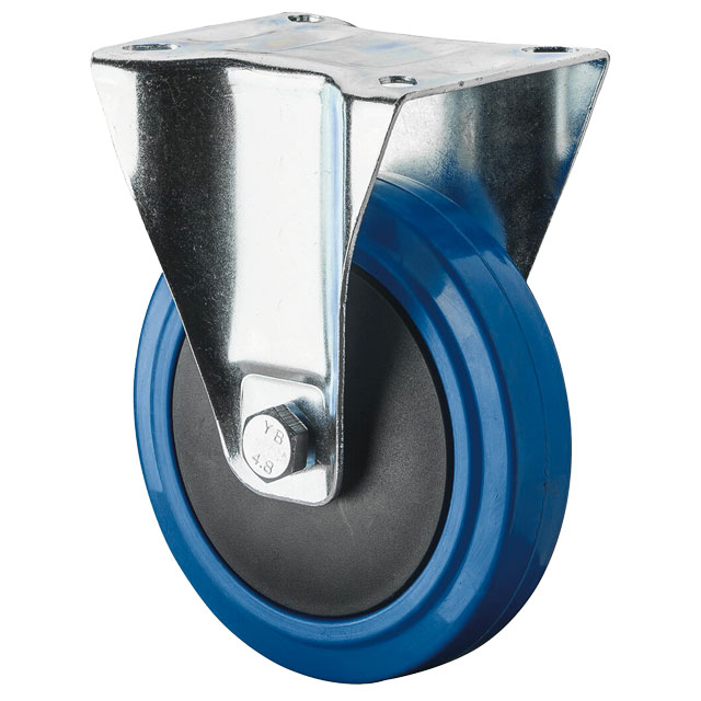 Transport Castors with Plate, Elastic Solid Rubber Wheel Blue, with Thread Guard - Fixed Castors