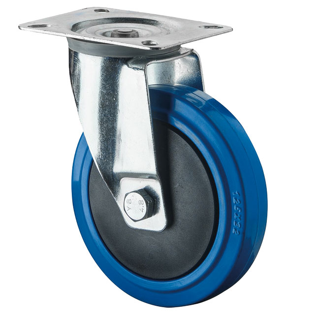 Transport Castors with Plate, Elastic Solid Rubber Wheel Blue, with Thread Guard - Swivel Castors