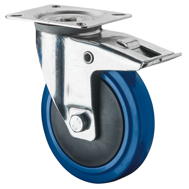 Transport Castors with Plate, Elastic Solid Rubber Wheel Blue, with Thread Guard - Swivel Castors with Brake