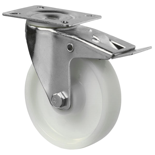 Transport Castors with Plate, Plastic Wheel White - Swivel Castors with Brake