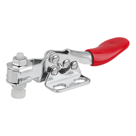 Toggle clamps horizontal with flat foot and adjustable clamping spindle (05765)