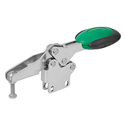 Toggle clamp horizontal with safety lock, vertical foot, adjustable clamping spindle, stainless steel (05904)