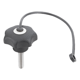 Star grips with safety cable similar to DIN 6336, steel parts stainless steel, male thread, Form LS (K0154)