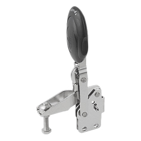 Toggle clamps vertical with safety interlock with straight foot and adjustable clamping spindle, stainless steel (K0663)