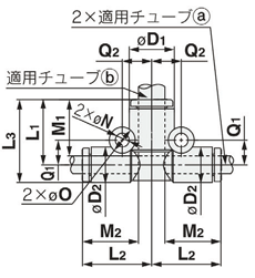Drawing of Quick-Connect Fittings KQ2 Series, Reducing Tee KQ2T