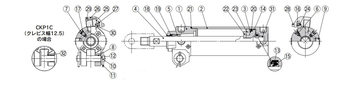 Structural drawing of CKP1 40, 50, 63 rod mounting type