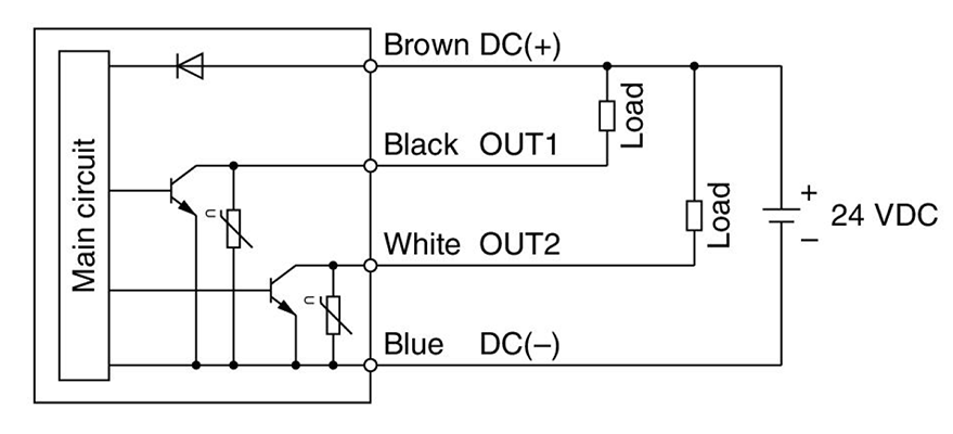Internal circuit and wiring example of -A (NPN [2 outputs])