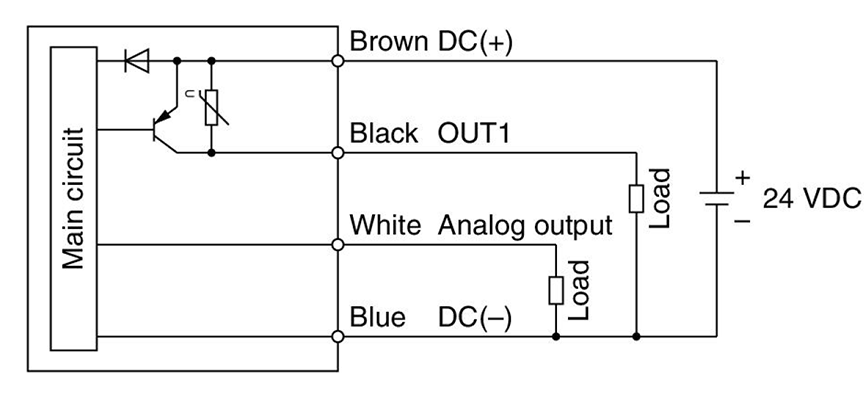 -E／F (E: PNP (1 output) + analog voltage output/F: Internal circuit and wiring example of PNP (1 output) + analog current output)