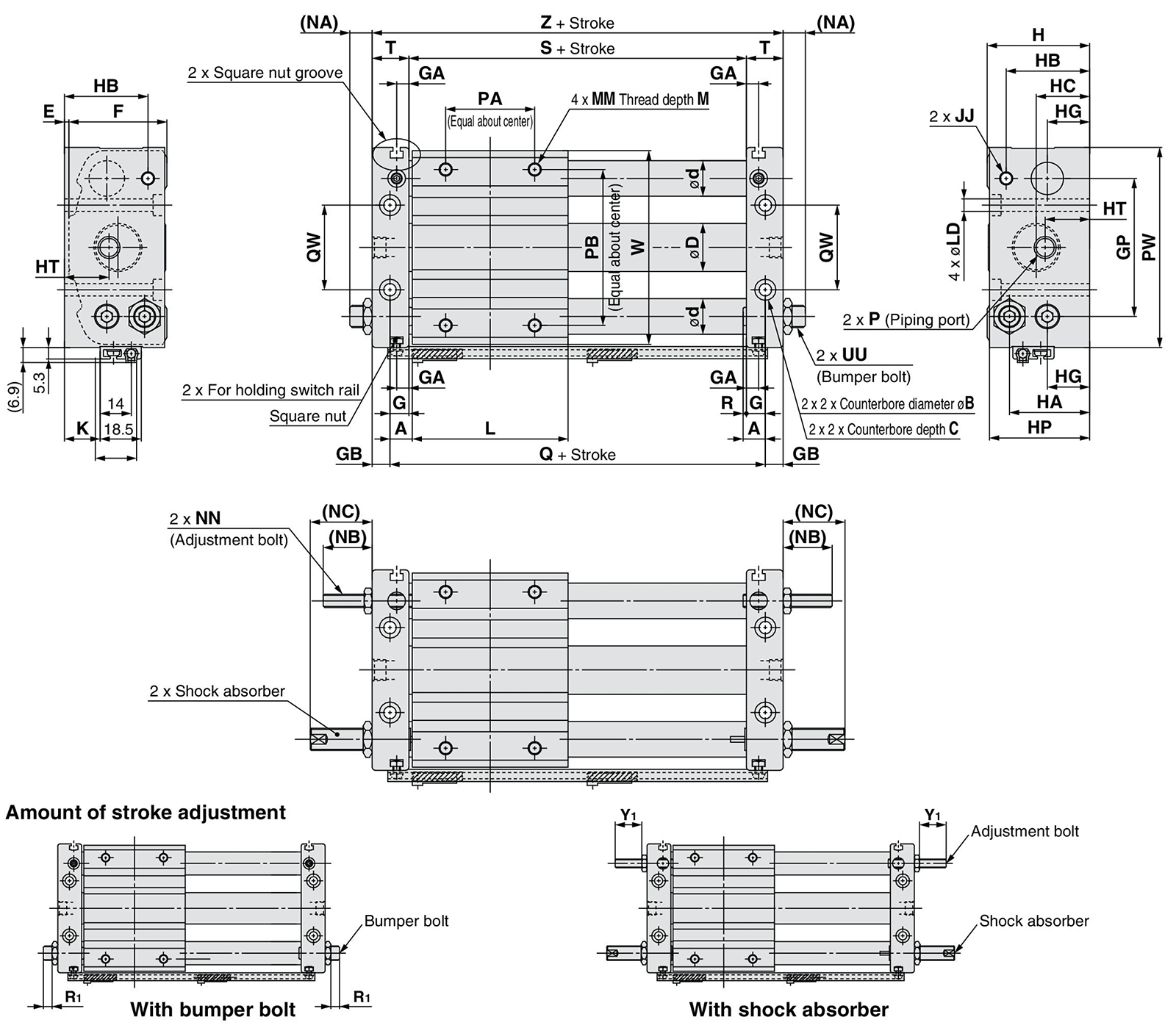 Dimensional drawing of CY1S / both sides piping type