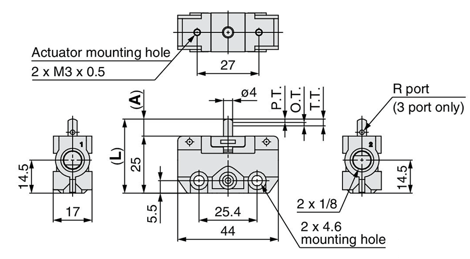 Side Ported (VM120-01-00A/VM130-01-00A/VM121-01-00A/VM131-01-00A) dimensional drawing