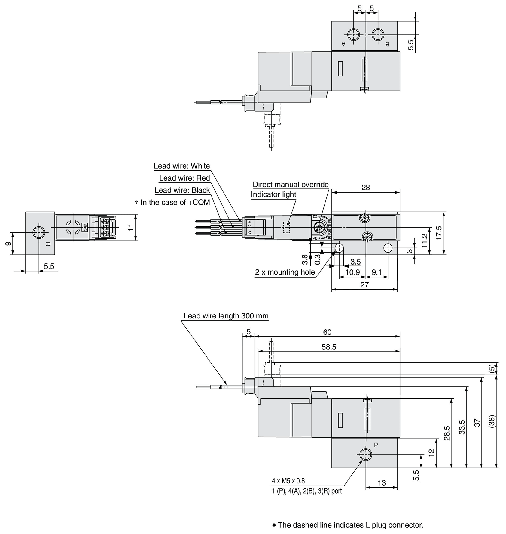 L plug connector type: VQD1251□-□L-M5, M plug connector type: VQD1251□-□M-M5 dimensional outline drawing
