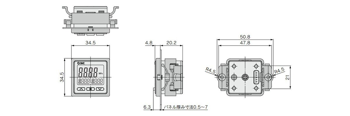 Dimensional drawing of B panel-mount adapter