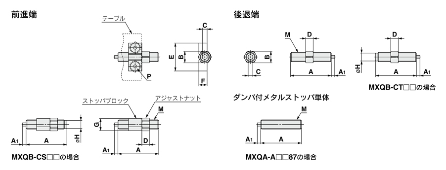 Air slide table MXQ series common adjuster option metal stopper with damper external view