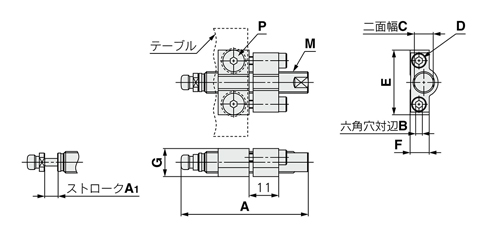 Air slide table MXQ series common adjuster option forward end adjuster axial fixed specification shock absorber / RJ outline drawing